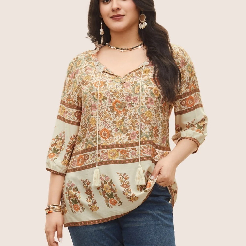 BloomChic Plus Size Rayon Boho Print Button Detail Tie Neck Blouse